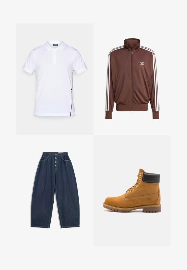 Hnědá polyesterová sportovní bunda s bílými bočními pruhy, vysokým límcem, předním zipem a logem Adidas na levé části hrudi. Obsahuje dvě boční kapsy.; Bílá polo triko z hladkého materiálu s límečkem na tři knoflíky, krátkými rukávy a bočním černým akcentním pruhem.; Tmavě modré denimové kalhoty s širokými nohavicemi, vysokým pasem, zapínáním na pět knoflíků a pěti kapsami. Obsahují švy s vypracovanými detaily.; Hnědé semišové kotníkové boty s černým polstrovaným límcem, zlatými kovovými očky, bílým prošíváním a odolnou gumovou podrážkou s výraznými drážkami.