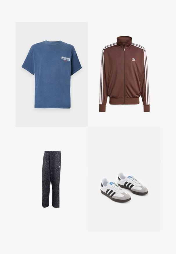Chaqueta de chándal marrón de poliéster con franjas blancas en los laterales, cuello alto, cremallera frontal y logo de Adidas en el lado izquierdo del pecho. Presenta dos bolsillos laterales.; Camiseta casual azul de algodón, con mangas cortas y cuello redondo; tiene el logo "Paradiso Hotel" impreso en el lado izquierdo del pecho.; Pantalones deportivos negros con un patrón de leopardo, con un diseño de tres rayas blancas y un logo de marca deportiva en el lateral.; Zapatillas deportivas con parte superior de piel blanca, puntera de ante gris y tres rayas negras. Presentan un logo azul en la lengüeta y una suela de goma texturizada.