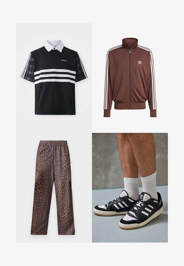 Brun polyester treningsjakke med hvite sidelister, høy krage, frontglidelås og Adidas-logo på venstre bryst. Har to sidelommer.; Svart polo-skjorte med hvite striper og logo; har korte rutete ermer og en hvit krage med knappestolpe.; Leopardmønstrede bukser med elastisk talje. Lavet af et skinnende stof, med en brun bund og sorte pletter samt en løs pasform.; Sorte og hvite sneakers med overdel i semsket skinn og lær, med tre hvite striper, perforert tå og en såle av gummi.