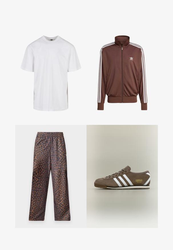 Brun polyester träningsjacka med vita sidostickningar, hög krage, framdragkedja och Adidas-logga på vänster bröst. Har två sidofickor.; Vit bomull t-shirt med rund hals och korta ärmar. Designen är enkel utan mönster eller detaljer.; Leopardmönstrade byxor med elastisk midja. Tillverkade av ett glänsande tyg, med en brun botten och svarta fläckar samt en lös passform.; Brun mockasneaker med tre vita ränder, flat gummisula, rund tå och guldigt "adidas Italia"-logotyp på sidan.
