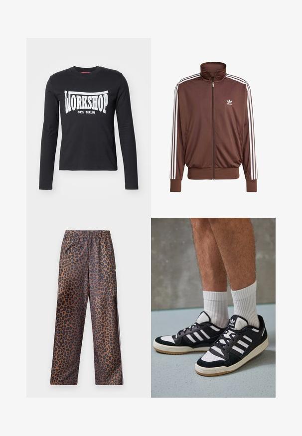 Brown polyester track jacket with white side stripes, high collar, front zipper, and Adidas logo on the left chest. Features two side pockets.; Black long-sleeve T-shirt made of cotton, featuring a large white "WORKSHOP 032c BERLIN" graphic across the front. Smooth texture, crew neck.; Leopard print pants with an elastic waistband. Made from a shiny fabric, featuring a brown base with black spots and a loose fit design.; Black and white sneakers with a suede and leather upper, featuring three white stripes, a perforated toe, and a gum rubber sole.