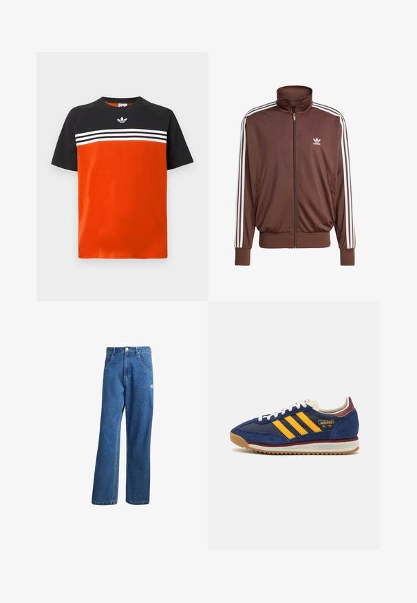 Casaco de treino em poliéster castanho com riscas brancas nas laterais, colarinho alto, fecho éclair à frente e logótipo da Adidas no lado esquerdo do peito. Apresenta dois bolsos laterais.; T-shirt de manga curta vermelha e preta com decote redondo, apresentando um padrão de riscas brancas no peito e um pequeno logótipo na frente.; Calças de ganga azul com cintura alta e perna larga, com bolsos frontais, passadores de cinto, fecho de botão e pequeno logótipo da Adidas na coxa direita.; Sneaker de camurça azul-marinho com riscas amarelas, atacadores brancos e realces em bordeaux. Sola texturizada com relevos para aderência. Logótipo da marca de lado.