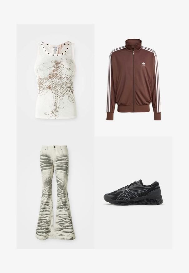 Brun polyester treningsjakke med hvite sidelister, høy krage, frontglidelås og Adidas-logo på venstre bryst. Har to sidelommer.; Ermeløs tanktop i lys farge med dekorative gullmønstre og nagleakenter rundt halsen. Glatt og myk tekstur.; Lysfargede flare-jeans med teksturerte svarte horisontale striper og rynkete detaljer, med frontlommer og metallknapplukking.; Herres løpesko i svart mesh med reflekterende sølvdetaljer, med en polstret såle og en teksturert overflate for greps.
