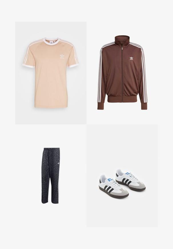Casaco de treino em poliéster castanho com riscas brancas nas laterais, colarinho alto, fecho éclair à frente e logótipo da Adidas no lado esquerdo do peito. Apresenta dois bolsos laterais.; T-shirt de algodão bege com mangas raglan e acabamentos brancos. Apresenta um logo bordado branco da Adidas no lado esquerdo do peito e três riscas nas mangas.; Calças atléticas pretas com um padrão de estampa de leopardo, apresentando um design de três riscas brancas e um logotipo de marca atlética na lateral.; Ténis desportivos com um cabedal em pele branca, biqueira em camurça cinza e três riscas pretas. Apresenta um logo azul na língua e uma sola de borracha texturizada.