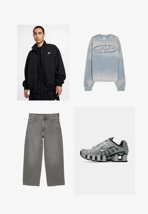 Nike fekete dzseki magas gallérral, cipzáros elülső résszel, elasztikus mandzsettákkal és egy kis fehér logóval a bal mellrészen; könnyű anyagból készült.; Világoskék, megfakult kapucnis pulóver, bordázott mandzsettákkal és aljjal, az elején egy nagy, stilizált "NY" logóval hímezve.; Hosszú ujjú világoszöld pamut póló kerek nyakkal, egy kicsi narancs és barna logóval a bal mellkas részen.; Szürke farmer széles lábúnak számító farmernadrág elülső gombos és cipzáras záródással, övakasokkal és öt zsebes kivitelben.; Szürke és fekete Nike futócipő, látható rugós párnázással a talp alatt és fehér swoosh logóval az oldalon.