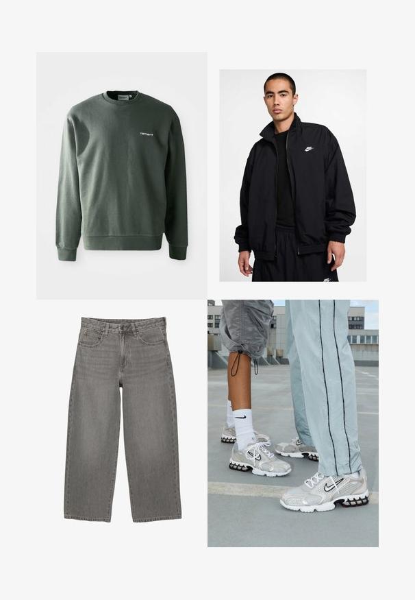 Sort Nike-jakke med høj krave, lynlåslukning foran, elastiske manchetter og et lille hvidt logo på venstre bryst; lavet af letvægtsmateriale.; Mørkegrønt sweatshirt lavet af bomuldsblanding, med rund halsudskæring, ribbede manchetter og et lille hvidt logo på venstre bryst.; Grå denim bredbenede jeans med frontknap og lynlås, bæltesløjfer og fem-lomme design.; Nike sportssko i sølvfarvet meshmateriale med hvide snørebånd, et sort swoosh-logo og en sort og rød luftdæmpningssål.