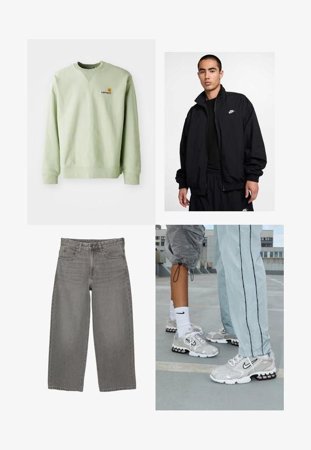 Giacca Nike nera con colletto alto, zip frontale, polsini elasticizzati e piccolo logo bianco sul petto a sinistra; realizzata in materiale leggero.; Felpa verde chiaro realizzata in misto cotone. Presenta polsini e orlo a costine, con un piccolo logo ricamato sul petto. Design semplice, con scollo rotondo.; Jeans grigi in denim a gamba larga con chiusura frontale a bottoni e zip, passanti per cintura e design a cinque tasche.; Scarpe da atletica Nike in un materiale in rete argento, con lacci bianchi, logo swoosh nero e una suola con air cushioning nera e rossa.