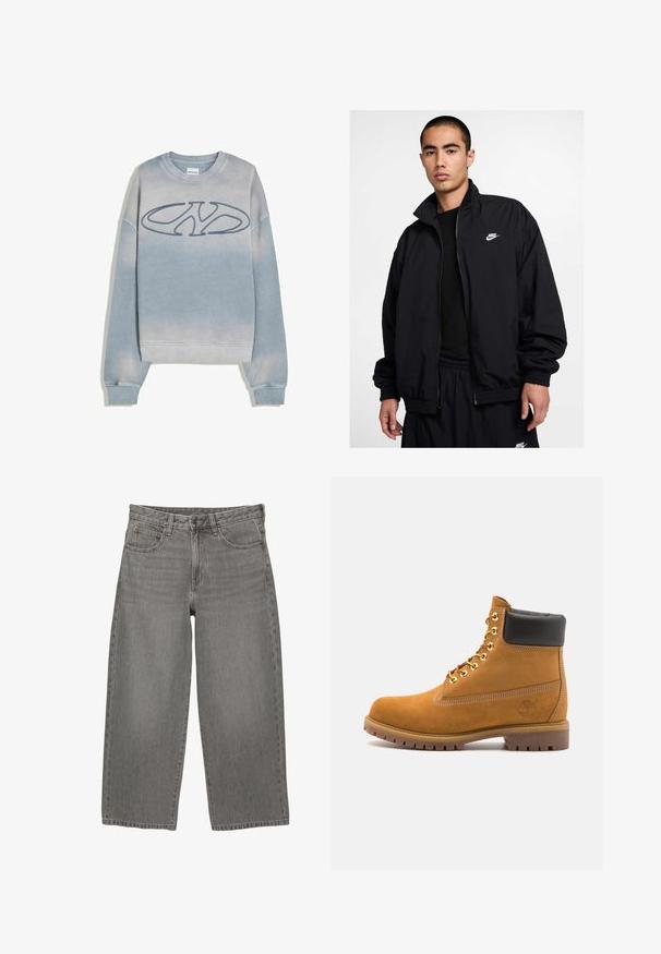 Nike svart jacka med hög krage, dragkedja framtill, elastiska ärmslut och en liten vit logotyp på vänster bröst; tillverkad av lätt material.; Ljusblå, urtvättad sweatshirt med ribbade ärmslut och nederkant, med en stor stiliserad "NY"-logotyp broderad på bröstet.; Långärmad t-shirt i ljusgrön bomull med rund hals, som har en liten orange och brun logotyp på vänster bröst.; Grå denimvid byxor med knäppning och dragkedja fram, bälteshällor och femficksdesign.; Tan mockasins ankelstövlar med svart vadderad krage, guldmetallöglor, vit sömdekor och slitstöt gummisula med utmärkta mönster.