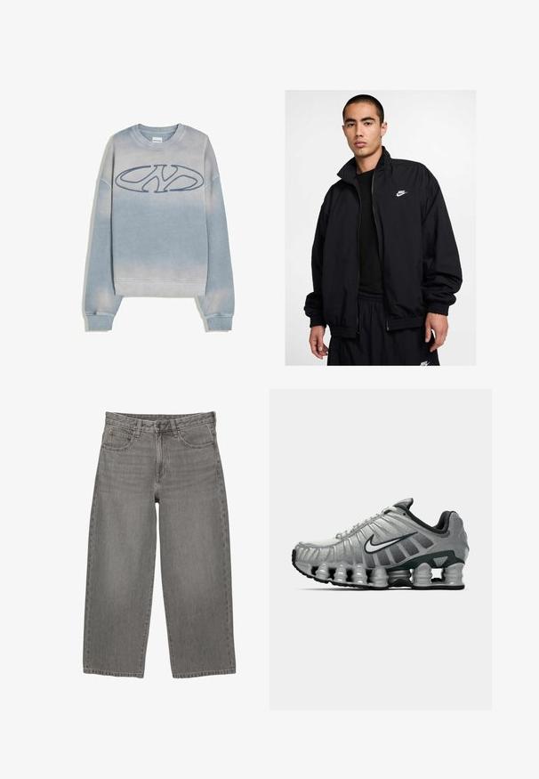 Giacca Nike nera con colletto alto, zip frontale, polsini elasticizzati e piccolo logo bianco sul petto a sinistra; realizzata in materiale leggero.; Felpa blu chiaro sbiadita con polsini e orlo a coste, caratterizzata da un grande logo stilizzato "NY" ricamato sul petto.; Maglietta a maniche lunghe in cotone verde chiaro con collo rotondo, caratterizzata da un piccolo logo arancione e marrone nella zona sinistra del petto.; Jeans grigi in denim a gamba larga con chiusura frontale a bottoni e zip, passanti per cintura e design a cinque tasche.; Scarpa da corsa Nike grigia e nera con ammortizzazione visibile a molla sotto la suola e logo swoosh bianco di lato.