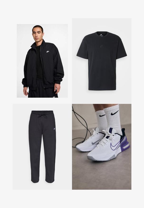 Sort Nike-jakke med høj krave, lynlåslukning foran, elastiske manchetter og et lille hvidt logo på venstre bryst; lavet af letvægtsmateriale.; Nike sort bomulds t-shirt med en klassisk rund hals, korte ærmer og et diskret, præget logo på brystet. Glat tekstur.; Sorte sweatpants lavet af blødt stof med elastisk talje, snøre og et lille Nike-logo på venstre lår.; Hvide sportssko med mesh-overdel, lilla accenter og grå sål. Båret med hvide ribbede sokker med et sort logo. En ledning ligger i nærheden.