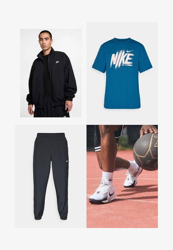 Casaco preto da Nike com gola alta, fecho de correr frontal, punhos elásticos e um pequeno logo branco no peito esquerdo; fabricado com material leve.; Camiseta azul de algodão com um grande logo branco da "NIKE" com efeito de pincel e o texto "EST. 1977" abaixo, gola redonda e mangas curtas.; Calças de treino pretas feitas de um tecido leve, com um cós elástico, punhos nos tornozelos e um discreto logótipo da Nike no lado esquerdo.; Ténis de basketball brancos com detalhes em preto e vermelho, apresentando um upper texturizado e um logótipo swoosh distinto, usados num court com uma bola de basquetebol.