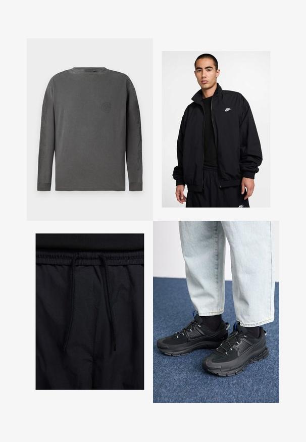 Černá bunda Nike s vysokým límcem, předním zipem, elastickými manžetami a malým bílým logem na levé straně hrudi; vyrobená z lehkého materiálu.; Šedé tričko s dlouhým rukávem z bavlněné směsi, s kulatým výstřihem, zdobené jemným logem a abstraktními vzory na rukávech; měkká textura.; Černé šortky s páskem na šňůrku, lehký materiál s hladkou texturou a jednoduchý design bez viditelných log nebo vzorů.; Černé sportovní boty s texturovanou tkaninou a gumovou podrážkou, s elastickými tkaničkami a modrým akcentem na patě. Nosí se s světlými džíny.