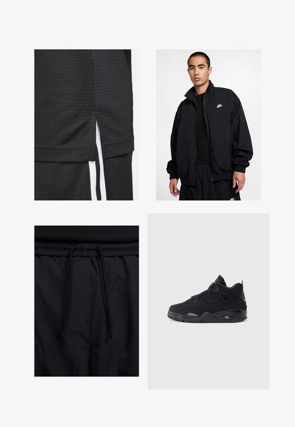 Jachetă neagră Nike cu guler înalt, închidere cu fermuar în față, manșete elastice și un mic logo alb pe pieptul stâng; realizată din material ușor.; Tricou sport negru dintr-un material texturat, cu hem scurt și slituri laterale, și dungi albe de accent pe laturi.; Șorturi negre cu un brâu reglabil, dintr-un material ușor cu o textură netedă și un design simplu, fără logo-uri sau modele vizibile.; Pantoful sport negru are o parte superioară texturată, panouri din plasă și accente distinctive. Silueta include o unitate de aer vizibilă în talpă.