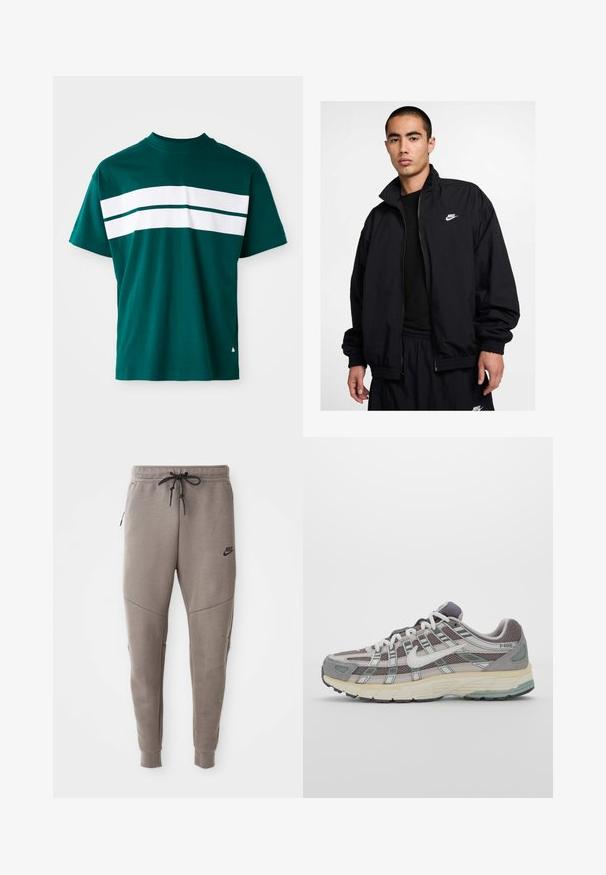 Juoda „Nike“ striukė su aukštu apykakliu, užtrauktuku priekyje, elastiniais rankogaliais ir mažu baltu logotipu kairėje krūtinės pusėje; pagaminta iš lengvos medžiagos.; Mėlynai žalias medvilnės marškinėliai su apvaliu kaklu, trumpomis rankovėmis ir horizontaliomis baltomis juostelėmis per krūtinę. Nedidelis laisvas kirpimas.; Pilkos Nike kelnės su raišteliu liemenyje, siaurėjančiomis kojomis, šoninėmis kišenėmis ir išskirtiniais siūlų detalėmis. Minkšta, tekstūruota medžiaga.; Pilkas sportinis batas su tinklu ir zomšos viršutine dalimi, baltomis detalėmis, paminkštintu padu ir išskirtiniu dizainu su atspindinčiais elementais.