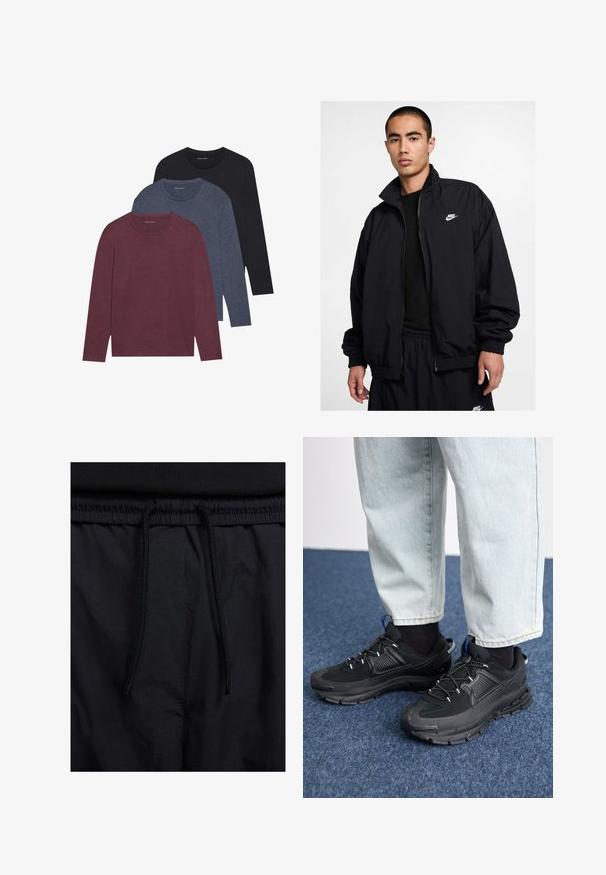 Nike black jacket with a high collar, zippered front, elastic cuffs, and a small white logo on the left chest; made of lightweight material.; Three long-sleeve t-shirts in burgundy, dark blue, and black. Cotton material, crew neck, solid colors, with subtle texture.; Black shorts featuring a drawstring waistband, lightweight fabric with a smooth texture, and a simple design without visible logos or patterns.; Black athletic shoes with textured fabric and rubber soles, featuring elastic laces and a blue accent on the heel. Worn with light denim pants.