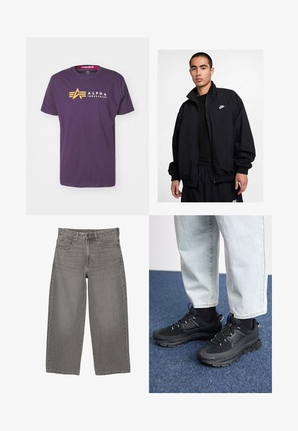 Nike svart jacka med hög krage, dragkedja framtill, elastiska ärmslut och en liten vit logotyp på vänster bröst; tillverkad av lätt material.; Lila bomulls t-shirt med en gul "A" logotyp och texten "ALPHA INDUSTRIES" i vitt. Kortsleeves och rund halsringning.; Grå denimvid byxor med knäppning och dragkedja fram, bälteshällor och femficksdesign.; Svarta sportskor med texturerat tyg och gummisulor, med elastiska snörningar och en blå detalj på hälen. Bärs med ljusa jeans.