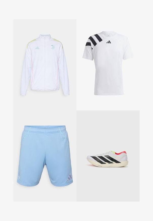 adidas Performance JUVE - Training jacket - white; White lightweight athletic shirt with black stripes on the left shoulder and black logo on the chest. Short sleeves, crew neck design.; Light blue athletic shorts made of smooth fabric, featuring contrasting yellow stitching and an Adidas logo on the lower side.; White running shoe with black stripes, neon green accents, and a red heel. Features a lightweight design and textured sole for grip.