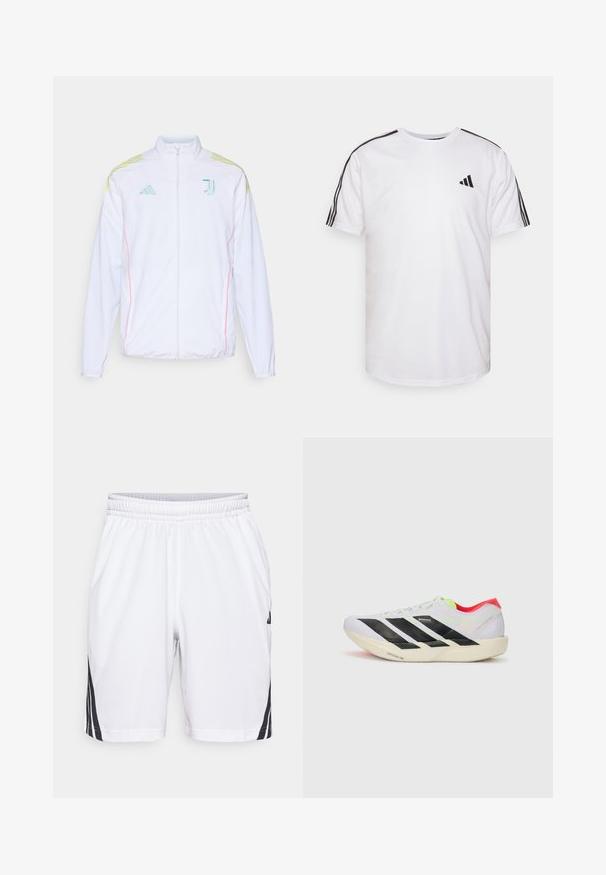 adidas Performance JUVE - Sportinė striukė - white; Balta medvilninė marškinėliai su apvalia iškirpte, trumpomis rankovėmis ir juodomis trimis juostelėmis ant pečių; turi mažą juodą logotipą.; Balti sportiniai šortai su elastine juostele ir juodomis juostelėmis šonuose, matomi iš priekio ant vientiso fono.; Baltos bėgimo bateliai su juodomis juostelėmis, neoninių žalių akcentų ir raudonu kulnu. Jie pasižymi lengvu dizainu ir tekstūruotu padu, kuris suteikia sukibimą.