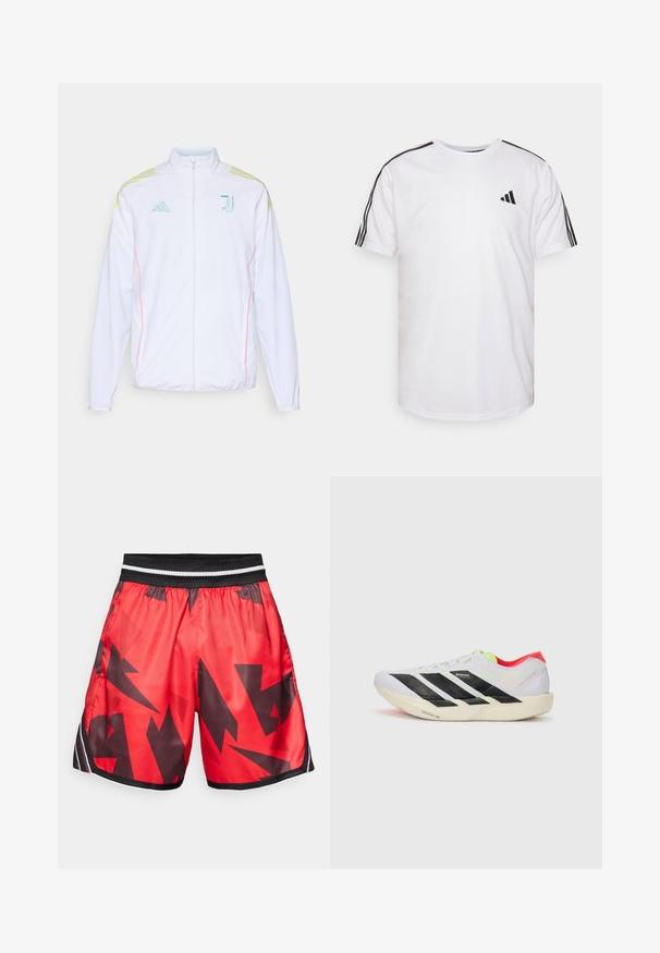 adidas Performance JUVE - Training jacket - white; White t-shirt made of cotton with crew neckline, short sleeves, and black three-stripe accents on shoulders; features a small black logo.; Red athletic shorts with a black abstract pattern, elastic waistband with white and black stripes, made of shiny, lightweight material.; White running shoe with black stripes, neon green accents, and a red heel. Features a lightweight design and textured sole for grip.