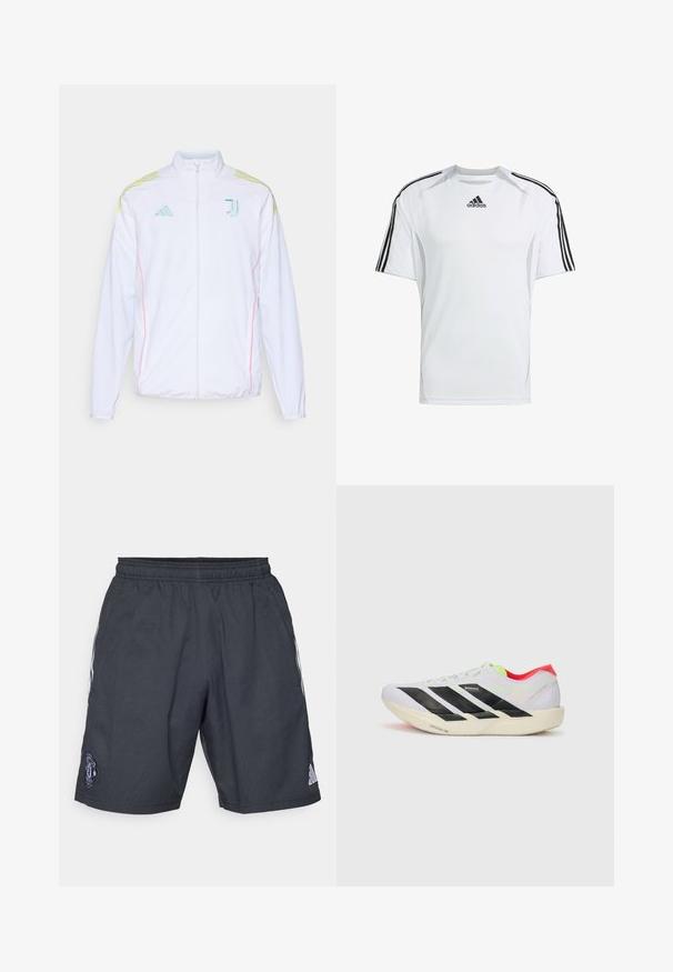 adidas Performance JUVENTUS 25/26 TIRO25 COMPETITION PRESENTATION JACKET - Jakna za treniranje - white; Bijela atletska majica kratkih rukava sa crnim Adidas trostrukim trakama na ramena, izrađena od glatkog, laganog materijala.; Crne atletske kratke hlače od prozračnog materijala, s elastičnim pojasom, bijelim bočnim trakama i logotipom Manchester Uniteda.; Bijela trkačka cipela s crnim prugama, neon zelenim naglascima i crvenim petom. Ima lagani dizajn i teksturiranu potplat za bolji grip.