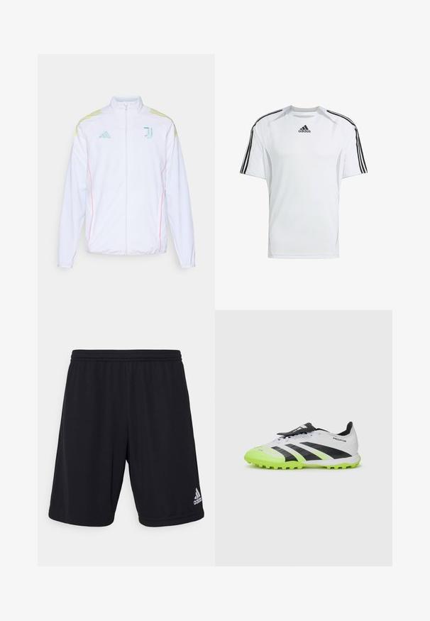 adidas Performance JUVE - Jakna za treniranje - white; Bijela atletska majica kratkih rukava sa crnim Adidas trostrukim trakama na ramena, izrađena od glatkog, laganog materijala.; Crne atletske kratke hlače izrađene od laganog, prozračnog materijala. Imaju elastični pojas i srebrni Adidas logotip na donjoj desnoj strani.; Bijele i crne nogometne kopačke s neonsko zelenim naglascima. Tekstura gornjeg dijela, crne pruge i oblikovani čepovi na kontrastnoj vibrantnoj potplati.