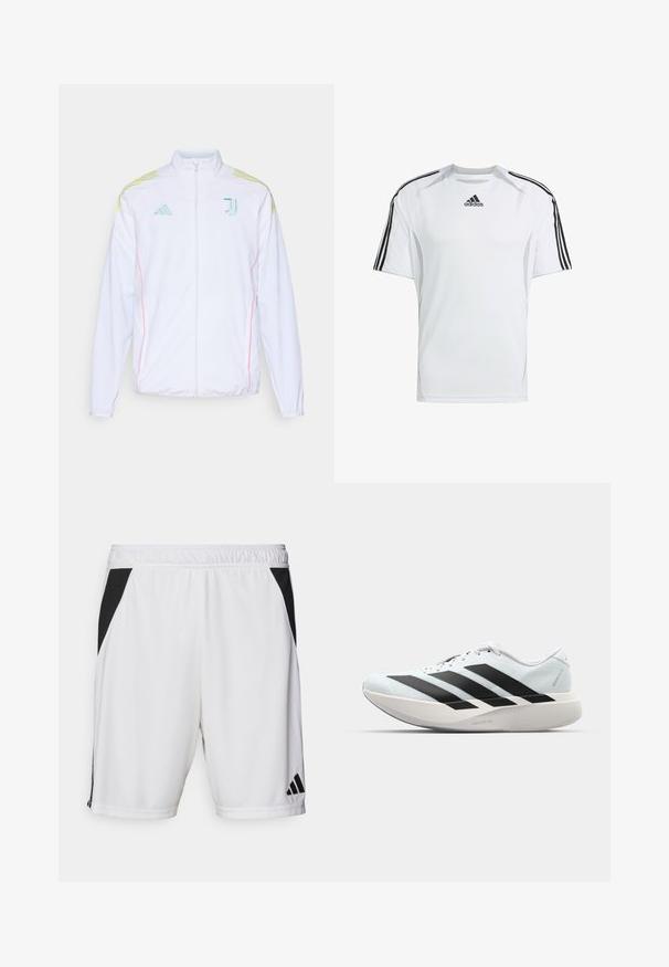 adidas Performance JUVE - Športna jakna/jopica - white; Bela kratka športna majica z črnimi Adidas tremi črtami na ramenih, izdelana iz gladkega, lahkega materiala.; Bele športne kratke hlače bele barve z črnim stranskim panelom, elastičnim pasom in logotipom Adidas na spodnjem desnem delu noge. Narejene so iz lahkega materiala.; Lahki tekaški čevlji v svetlo modri barvi z belimi črtami. Imajo gladek zgornji del, okroglo kapico in debel bel srednji podplat z označbo "LIGHTSTRIKE PRO."