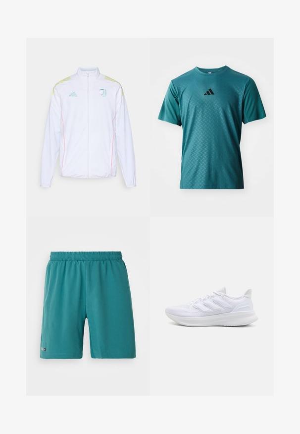 adidas Performance JUVENTUS 25/26 TIRO25 COMPETITION PRESENTATION JACKET - Verryttelytakki - white; adidas Performance POWER TEE - Tekninen t-paita - preloved teal; Teal urheilushortsit, joissa on joustava vyötärö ja pieni "Climacool" -tunnus vasemmassa lahkeessa, esitelty valkoista taustaa vasten.; Valkoiset urheilukengät, joissa on teksturoitu verkkomateriaali ylhäällä, tukevat pehmustetut pohjat ja kolme raitaa sivussa.