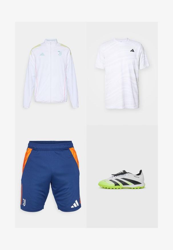 adidas Performance JUVE - Giacca sportiva - white; T-shirt sportivo bianco con un sottile motivo a onde, colletto rotondo, maniche corte e un logo nero con tre strisce sul lato sinistro del petto.; Shorts da atletica blu con pannelli laterali arancioni, realizzati in tessuto liscio. Presentano i loghi bianchi della Juventus e di Adidas. Inclusa una cintura elastica.; Scarpe da calcio bianche e nere con accenti verde neon. Parte superiore tessurizzata, strisce nere e tacchetti stampati su una suola vibrante a contrasto.