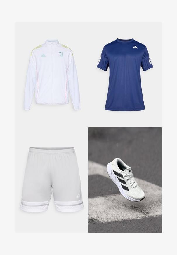 adidas Performance JUVENTUS 25/26 TIRO25 COMPETITION PRESENTATION JACKET - Tréningová bunda - white; Námornícky modrá športová košeľa s krátkym rukávom vyrobená z hladkej tkaniny, s okrúhlym výstrihom a bielym logom umiestneným na hornej ľavej strane hrude.; Svetlošedé športové šortky s elastickým pásom, s bielymi a šedými pruhovanými akcentmi na leme a logom Adidas.; Biele športové tenisky s textúrovaným sieťovaným zvrškom, čiernymi pruhmi, šnurovaním a polstrovanou podrážkou, levitujúce nad označeným povrchom cesty.