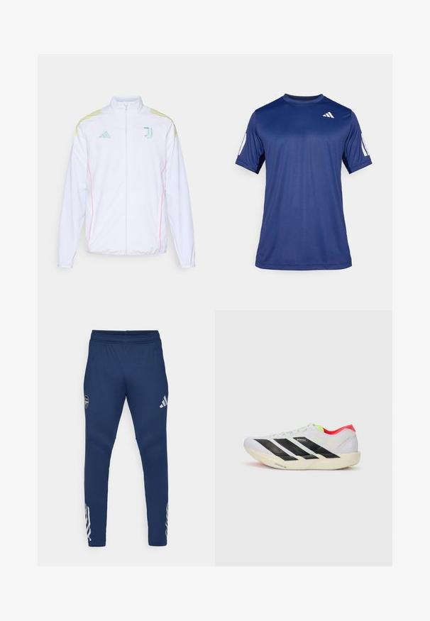 adidas Performance JUVENTUS 25/26 TIRO25 COMPETITION PRESENTATION JACKET - Jakna za treniranje - white; Temno plava kratka majica s kratkim rukavima za sport, izrađena od glatkog materijala, sa okruglim izrezom i bijelim logotipom na gornjem lijevom dijelu grudi.; Tamnoplave atletske hlače s elastičnim pojasom, suženi kroj nogavica, srebrni logo na butu i prepoznatljiv trostruki detalj na donjem dijelu nogavica.; Bijela trkačka cipela s crnim prugama, neon zelenim naglascima i crvenim petom. Ima lagani dizajn i teksturiranu potplat za bolji grip.