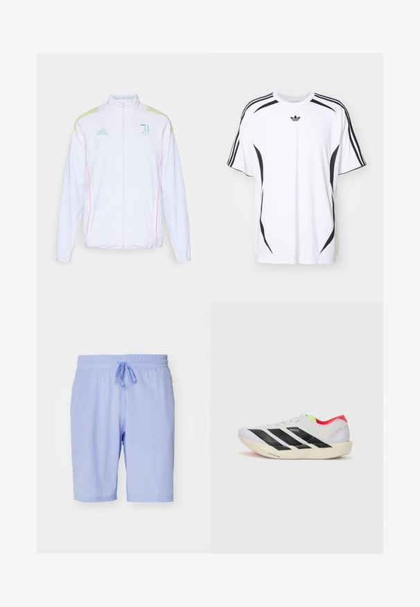 adidas Performance JUVENTUS 25/26 TIRO25 COMPETITION PRESENTATION JACKET - Sportinė striukė - white; Balta trumpa rankovėmis marškinėliai su juodais šonais ir trimis juodomis juostelėmis ant pečių. Įskaičiuotas mažas juodas logotipas ant krūtinės.; adidas Performance TENNIS ERGO - Sportiniai šortai - blue spark; Baltos bėgimo bateliai su juodomis juostelėmis, neoninių žalių akcentų ir raudonu kulnu. Jie pasižymi lengvu dizainu ir tekstūruotu padu, kuris suteikia sukibimą.