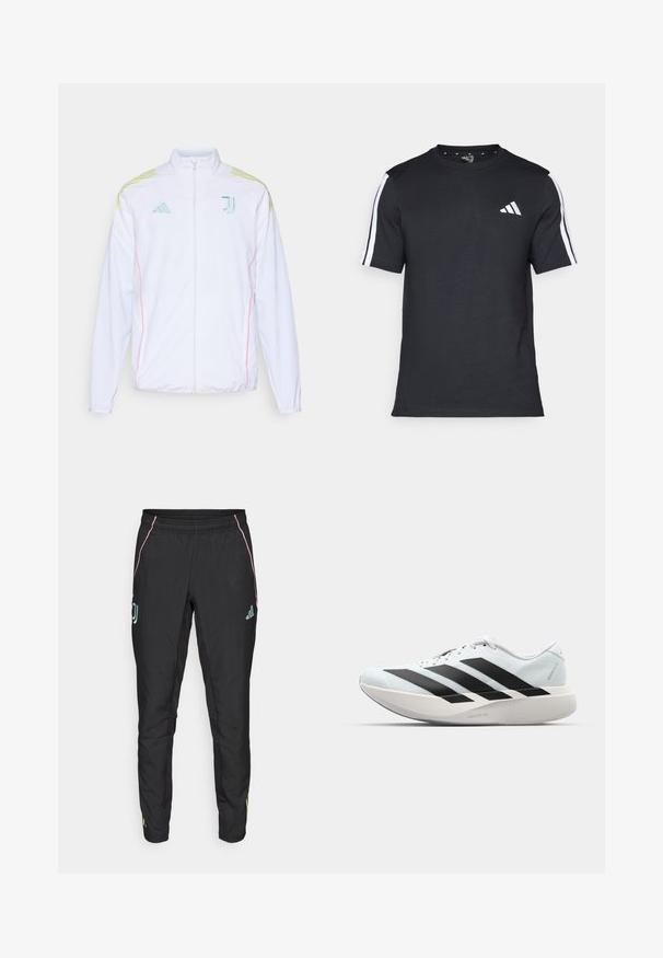 adidas Performance JUVE - Träningsjacka - white; Svart T-shirt i bomull med korta ärmar, prydd med vita ränder på axlarna och en vit logotyp på vänster bröst.; Svarta träning.byxor med en slät textur. Har rosa och turkosa accenter, en elastisk midja och logodetaljer på sidorna.; Lätta löparskor i ljusblått med svarta ränder. Har en slät ovandel, rund tå och tjock vit mellansula märkt "LIGHTSTRIKE PRO."