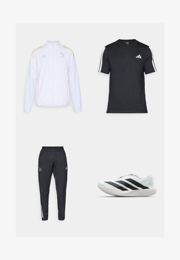 adidas Performance JUVE - Spordijakk - white; Mustvalge T-särk puuvillast, lühikeste varrukatega, millel on valged triibud õlgadel ja valge logo vasakul rinnal.; Mustad mustreeritud mustad spordipüksid, millel on elastne vöökoht, tikitud logo reiel ja valged triibud külgedel.; Kerged jooksujalatsid helesinises värvuses mustade triipudega. Omavad siledat pealispinda, ümarat varvase osa ja paksu valget vahemõõtu, millel on silt "LIGHTSTRIKE PRO".
