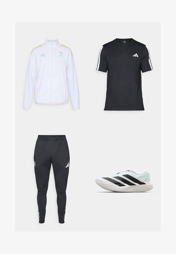 adidas Performance JUVE - Training jacket - white; Black T-shirt made of cotton with short sleeves, featuring white stripes on the shoulders and a white logo on the left chest.; Black athletic joggers with elastic waistband, zippered side pockets, and white Adidas stripes along the sides. Features a logo on the thigh.; Lightweight running shoes in pale blue with black stripes. Features a smooth upper, round toe, and thick white midsole labeled "LIGHTSTRIKE PRO."