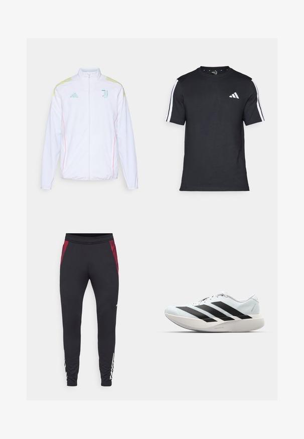 adidas Performance JUVE - Treniņjaka - white; Melna kokvilnas T-kreklā ar īsām piedurknēm, uz kurām ir baltas svītras plecu daļā un balts logos kreisajā krūtīs.; Melni sporta bikses ar teksturētām sarkanām sānu paneļiem, pieguļoša forma un elastīgs jostasvārsts. Apakšējā kājas daļā ir balta logo.; Gaiši zili vieglie skriešanas apavi ar melniem svītrainiem. Iezīmēti ar gludu augšpusi, apaļu purngalu un biezāko balto vidējo zoli, kurā ir uzraksts "LIGHTSTRIKE PRO."