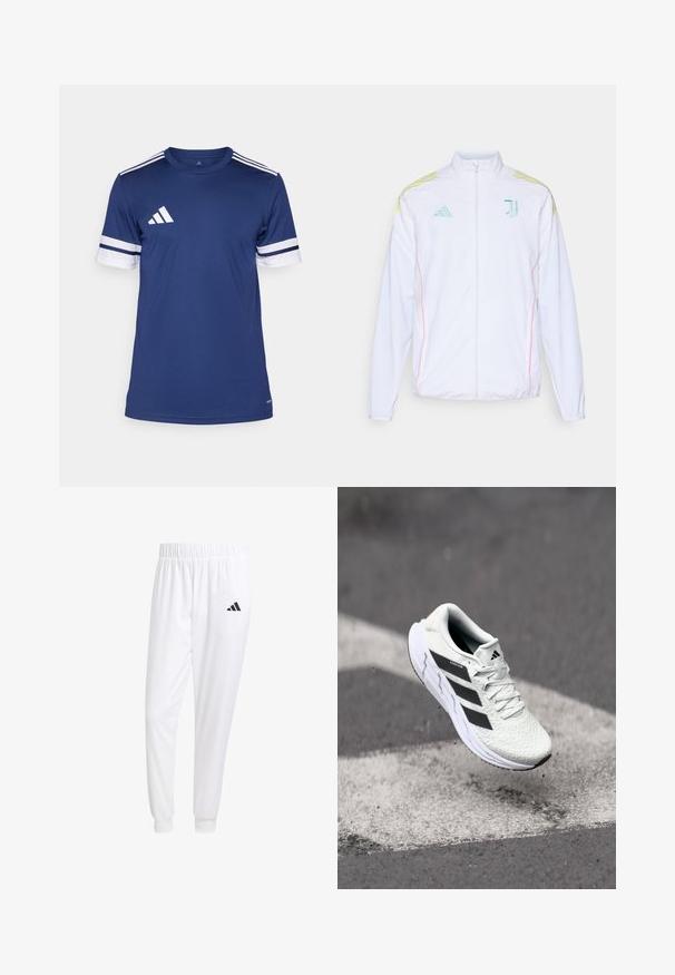 adidas Performance JUVE - Športna jakna/jopica - white; Temno modra atletska majica s kratkimi rokavi, belimi črtami na rokavih in belim logotipom na prsih. Narejena iz gladkega, zračnega materiala.; Bele atletske hlače iz gladkega materiala, z elastičnim pasom in prilagojenimi manšetami, na zadnjem žepu pa je črna logo.; Bela atletska čevlja z teksturiranim mrežastim zgornjim delom, črnimi črtami, zavezovanjem na vezalke in oblazinjenim podplatom, lebdi nad označeno cesto.