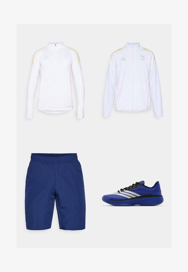 adidas Performance JUVENTUS 25/26 TIRO25 COMPETITION PRESENTATION JACKET - Μπουφάν προπόνησης - white; Λευκή αθλητική μπλούζα με μακριά μανίκια και μισό φερμουάρ, κίτρινες ρίγες στους ώμους, μέντα πράσινες λεπτομέρειες και ροζ ραφές στις πλευρές. Διαθέτει σήμα Aeroready.; Ναυτικό μπλε αθλητικά σορτς από υφασμάτινη υφή, με εύκαμπτη μέση και ένα μικρό λογότυπο στο πλάι.; adidas Performance ADIZERO SELECT 3.0 - Παπούτσια μπάσκετ - lucid blue/core black/metallic