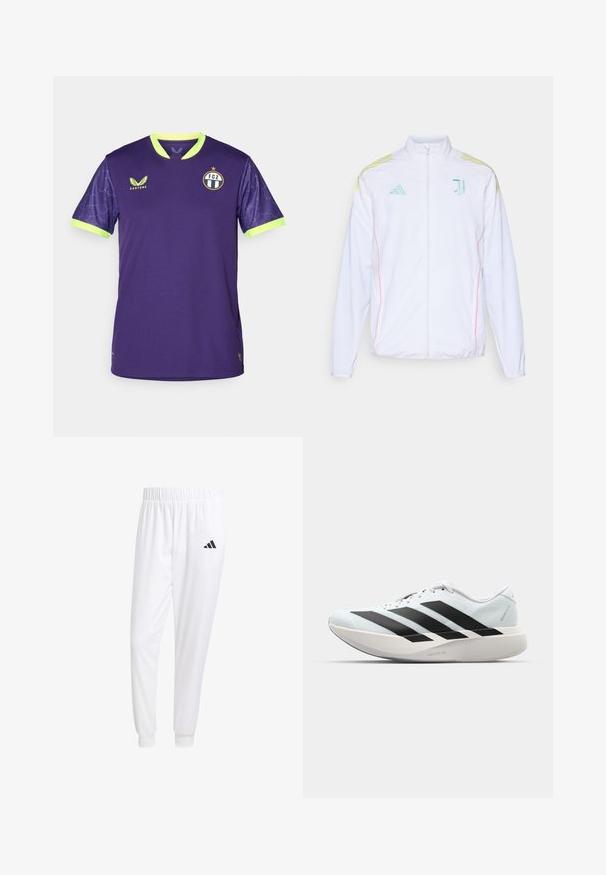 adidas Performance JUVE - Casaco de treino - white; Camisola de futebol roxa com acentos verdes, mangas curtas, gola redonda e mangas texturizadas. Apresenta o logotipo do FC Zürich e o rótulo da marca.; Calças esportivas brancas feitas de tecido suave, com uma cintura elástica e punhos ajustados, apresentando um logo preto no bolso de trás.; Tênis de corrida leves em azul pálido com riscas pretas. Apresentam um cabedal liso, bico redondo e uma entressola espessa branca rotulada como "LIGHTSTRIKE PRO."