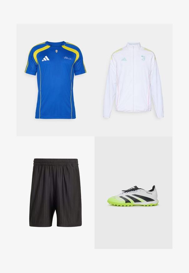 adidas Performance JUVE - Tréningová bunda - white; adidas Performance JUVENTUS TURIN URBAN PURIST JERSEY - Klubové oblečenie - team royal blue; Čierne kraťasy s elastickým pásom, majúce vertikálne pásiky a ľahkú textúrovanú tkaninu. Dĺžka do polovice stehna.; Biele a čierne futbalové kopačky s neonovými zelenými akcentmi. Textúrovaný zvršok, čierne pruhy a tvarované kolíky na kontrastnej žiarivej podrážke.