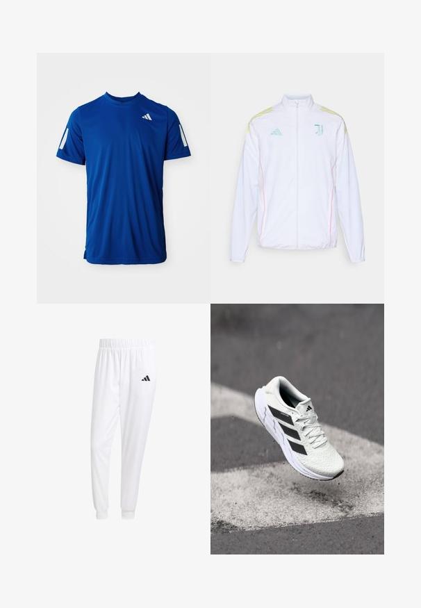 adidas Performance JUVE - Spordijakk - white; Sinine lühikeste käistega spordipait, millel on peegeldavad triibud varrukatel ja väike valge logo vasakul rinnal.; Valged sportpüksid, mis on valmistatud siledast kangast, omavad elastset vöökohta ja kitsaid mansette, tagakoti peal on must logo.; Valge spordijalats tekstuurse võrgu pealmise osaga, mustade triipudega, nööriga kinnitamine ja pehmendatud tallaga, levib märgitud teepinna kohal.