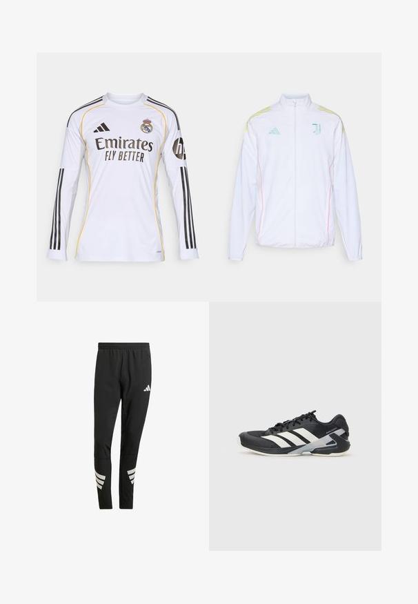 adidas Performance JUVE - Športna jakna/jopica - white; Bela majica z dolgimi rokavi z črnimi in rumenimi detajli, ki nosi logo "Emirates Fly Better" ter grb Real Madrida, izdelana iz lahkega sintetičnega materiala.; Črne športne hlače z elastiko v pasu, ki imajo odsevne bele poudarke v črtastem vzorcu na spodnjem delu nog. Narejene so iz gladkega materiala.; Črne atletske čevlje z belimi črtami, mrežastim zgornjim delom, zaobljenim nosom in blaženim podplatom. Imajo teksturiran petni del in varen sistem vezalk.