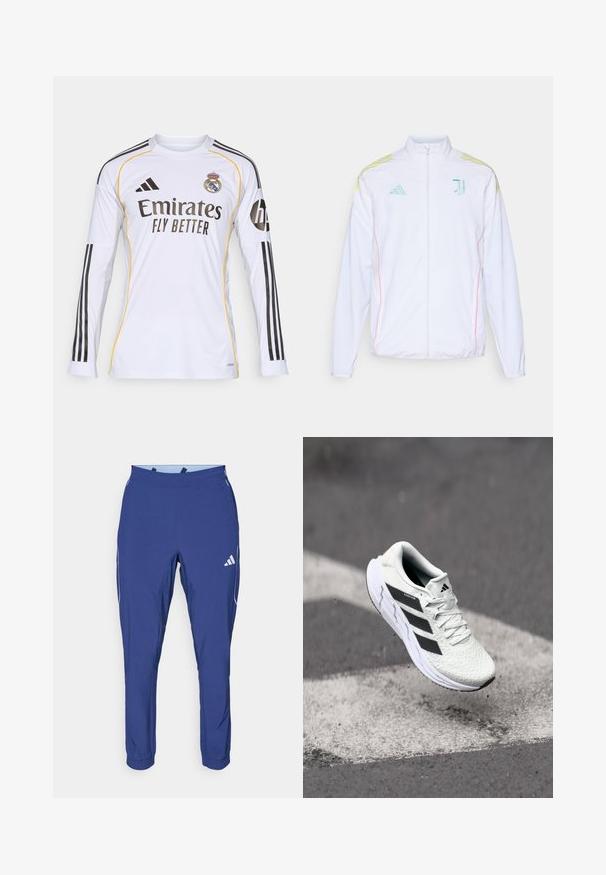 adidas Performance JUVENTUS 25/26 TIRO25 COMPETITION PRESENTATION JACKET - Športna jakna/jopica - white; Bela majica z dolgimi rokavi z črnimi in rumenimi detajli, ki nosi logo "Emirates Fly Better" ter grb Real Madrida, izdelana iz lahkega sintetičnega materiala.; adidas Performance TECH APP - Spodnji deli trenirk - dark blue/glow blue; Bela atletska čevlja z teksturiranim mrežastim zgornjim delom, črnimi črtami, zavezovanjem na vezalke in oblazinjenim podplatom, lebdi nad označeno cesto.