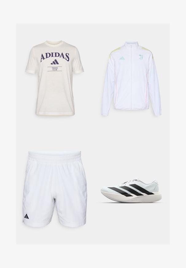 adidas Performance JUVE - Treningsjakke - white; Cremefarget t-skjorte med korte ermer, med en stor lilla "ADIDAS" logo og teksten "TENNISKLUBB" i mørkelilla under.; Hvite idrettsshorts med elastisk midje, med teksturert stoff og en svart Adidas-logo på nedre venstre side.; Lette løpesko i lys blå med svarte striper. Har en myk overdel, rund tå og tykk hvit mellomsole merket "LIGHTSTRIKE PRO."