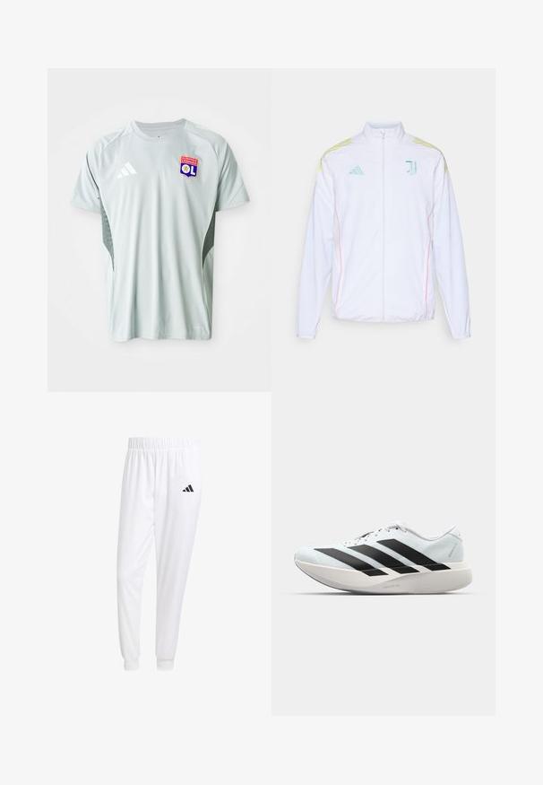 adidas Performance JUVE - Treniņjaka - white; Gaišpelēks īsām piedurknēm futbols krekls ar apaļo kaklu, Adidas logo un Olympique Lyonnais emblēmu priekšpusē, ar teksturētām sānu daļām.; Baltas sporta bikses, kas izgatavotas no gludas auduma, ar elastīgu jostu un pieguļošiem uzmavām, ar melnu logotipu aizmugurējā kabatā.; Gaiši zili vieglie skriešanas apavi ar melniem svītrainiem. Iezīmēti ar gludu augšpusi, apaļu purngalu un biezāko balto vidējo zoli, kurā ir uzraksts "LIGHTSTRIKE PRO."