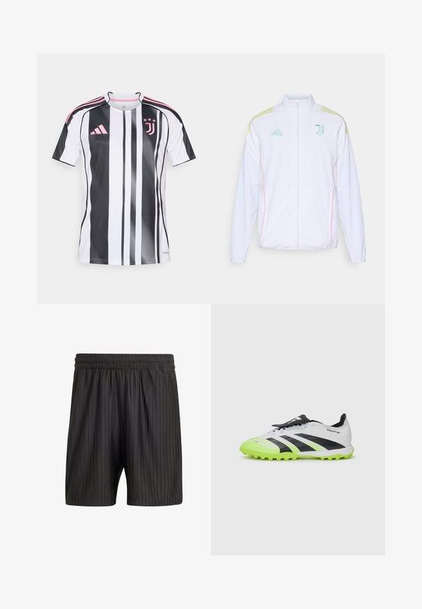 adidas Performance JUVE - Treningsjakke - white; Juventus fotballdrakt med vertikale svarte og hvite striper, rosa detaljer på ermene og logo, laget av lett og pustende materiale.; Sorte shorts med elastisk linning, med vertikale striper og et lett, strukturert stoff. Lengde midt på låret.; Hvit og svart fotballsko med neongrønne detaljer. Teksturet overdel, svarte striper og formede stifter på en kontrasterende sterk såle.