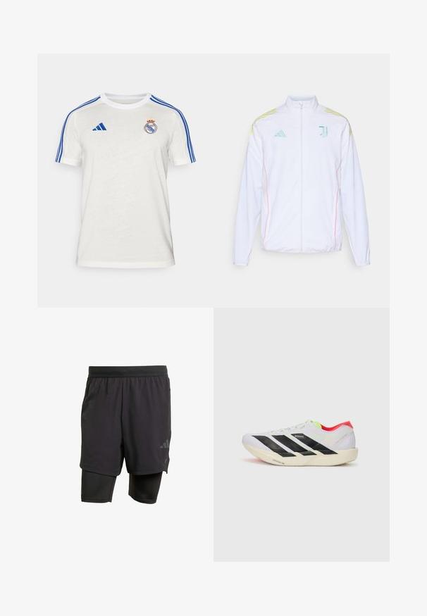 adidas Performance JUVE - Trainingsvest - white; Witte Adidas T-shirt met blauwe strepen op de schouders, geborduurd clublogo op de borst. Gemaakt van lichte stof, korte mouwen.; Zwarte sportshorts met geïntegreerde binnenlaag, gemaakt van ademend materiaal. Bevat een subtiele logo en gestructureerde textuur. Verstelbare tailleband.; Witte hardloopschoen met zwarte strepen, neon groene accenten en een rode hak. Beschikt over een lichtgewicht ontwerp en een gestructureerde zool voor grip.
