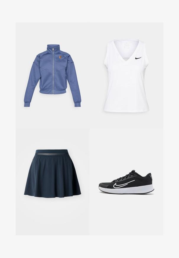 Chaqueta azul con cremallera y collar alto, presenta un diseño geométrico y un pequeño logo en el lado izquierdo del pecho. Está hecha de una tela suave.; Top atlético sin mangas de color blanco con escote en V, detalle recortado y logo de Nike en negro en el lado izquierdo del pecho. Está confeccionado con una tela transpirable.; Falda de patinadora azul marino hecha de una tela suave, cuenta con una cinturilla de malla, un silueta acampanada y una textura suave con un dobladillo que cae por encima de la rodilla.; Zapatilla deportiva de malla negra con acentos blancos, diseñada para la comodidad. Presenta una puntera redonda, cierre de cordones en la parte delantera y una suela media gruesa blanca.