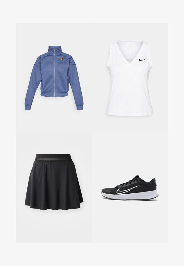 Chaqueta azul con cremallera y collar alto, presenta un diseño geométrico y un pequeño logo en el lado izquierdo del pecho. Está hecha de una tela suave.; Top atlético sin mangas de color blanco con escote en V, detalle recortado y logo de Nike en negro en el lado izquierdo del pecho. Está confeccionado con una tela transpirable.; Falda atlética negra con un diseño acampanado, cinturilla elástica con un acento de malla y un parche con logo en el lado inferior.; Zapatilla deportiva de malla negra con acentos blancos, diseñada para la comodidad. Presenta una puntera redonda, cierre de cordones en la parte delantera y una suela media gruesa blanca.