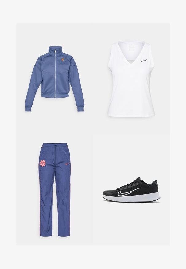 Chaqueta azul con cremallera y collar alto, presenta un diseño geométrico y un pequeño logo en el lado izquierdo del pecho. Está hecha de una tela suave.; Top atlético sin mangas de color blanco con escote en V, detalle recortado y logo de Nike en negro en el lado izquierdo del pecho. Está confeccionado con una tela transpirable.; Pantalones de chándal Nike Paris Saint-Germain en azul con parches de logo rojos, ribetes rojos a lo largo de los lados, y cinturilla elástica con cordón.; Zapatilla deportiva de malla negra con acentos blancos, diseñada para la comodidad. Presenta una puntera redonda, cierre de cordones en la parte delantera y una suela media gruesa blanca.