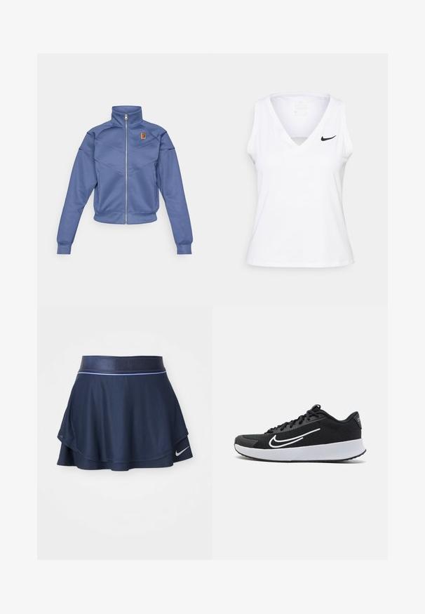 Chaqueta azul con cremallera y collar alto, presenta un diseño geométrico y un pequeño logo en el lado izquierdo del pecho. Está hecha de una tela suave.; Top atlético sin mangas de color blanco con escote en V, detalle recortado y logo de Nike en negro en el lado izquierdo del pecho. Está confeccionado con una tela transpirable.; Falda deportiva azul marino hecha de tela acanalada, con un diseño acampanado, cinturilla ancha y un logo blanco de Nike en el dobladillo.; Zapatilla deportiva de malla negra con acentos blancos, diseñada para la comodidad. Presenta una puntera redonda, cierre de cordones en la parte delantera y una suela media gruesa blanca.